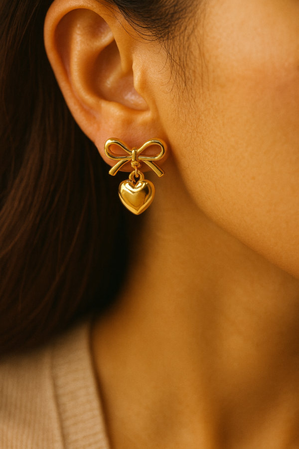 Bow , Gold Heart Earrings