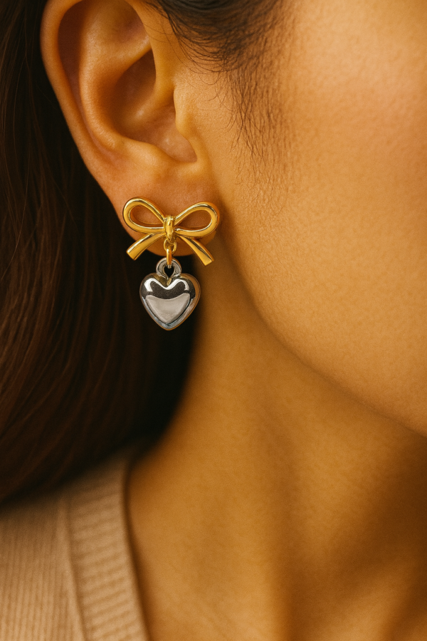 Bow , Silver Heart Earrings